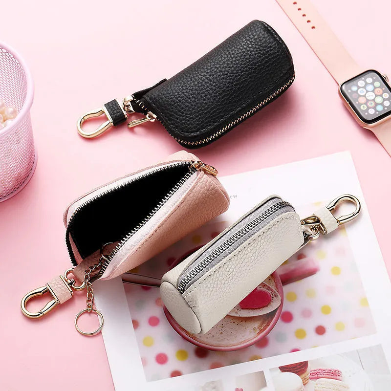 Black PU leather zipper key ring case with ultra-light design for men and women