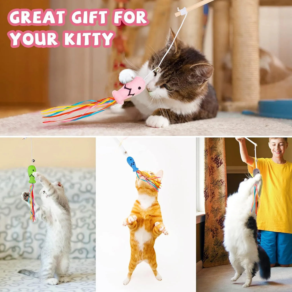 Cat wand toy with wooden handle, colourful ribbons, catnip fish, and bell attachment