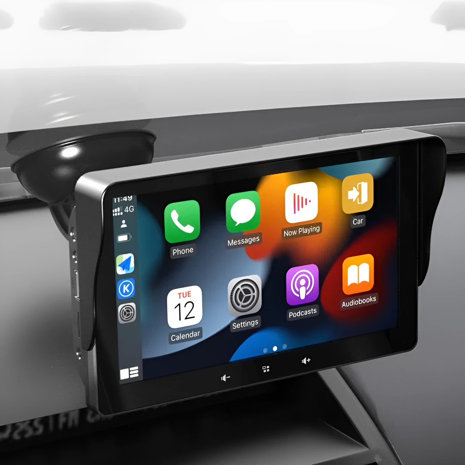 7-inch wireless CarPlay display with suction cup mount and cigarette lighter power adapter