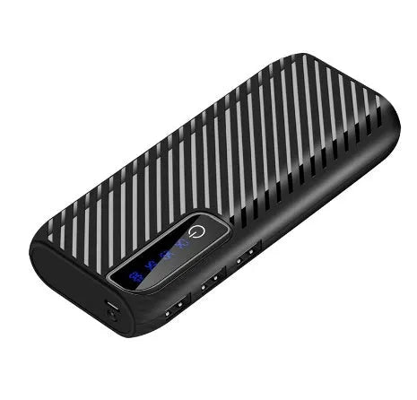 Black 20000mAh mini power bank showing USB ports and compact size