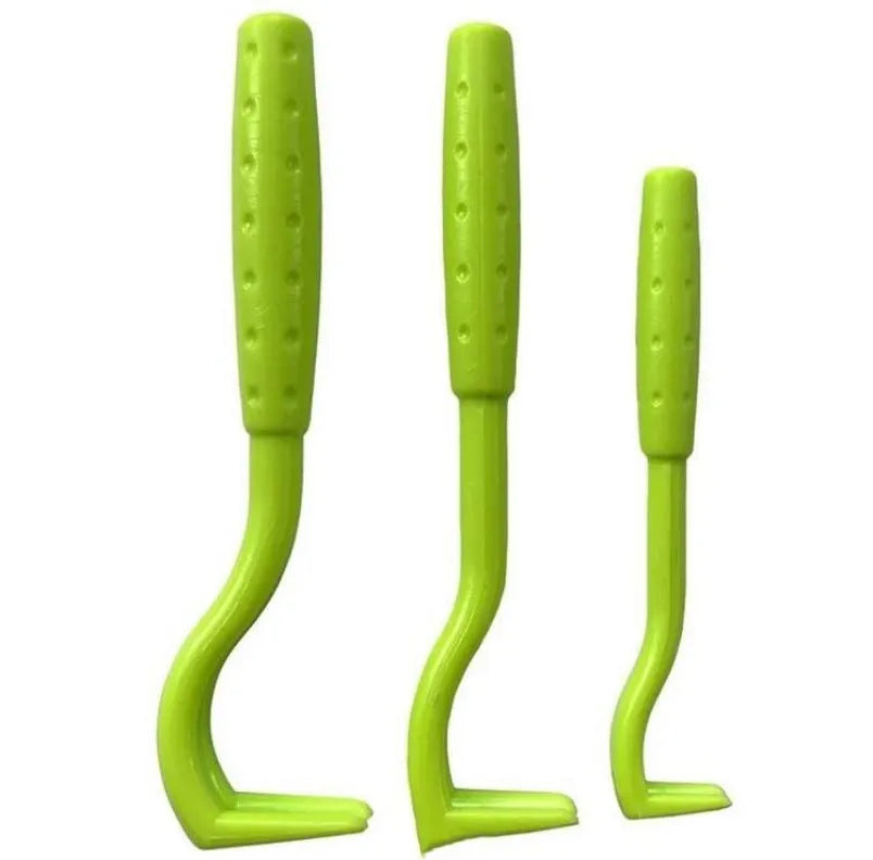 Three plastic tick removal tools with hook design for pets, shown in blue and green colours