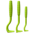 Three plastic tick removal tools with hook design for pets, shown in blue and green colours