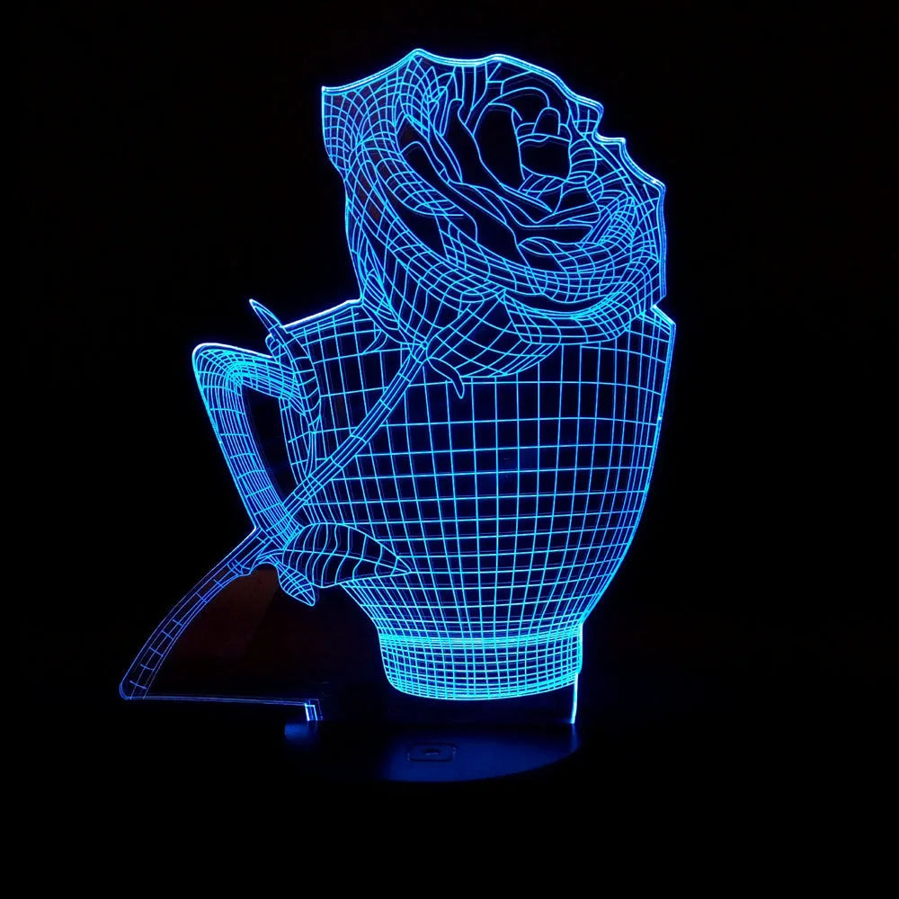 3D rose shaped LED night light with acrylic design and remote control showing multiple colour options