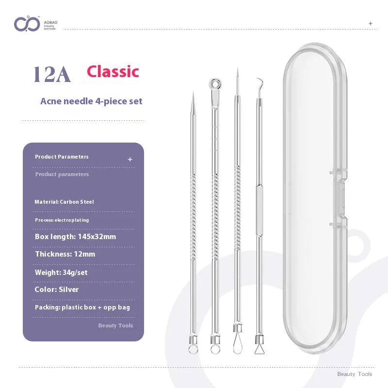 4-piece metal acne needle set with ultra fine pointed tips for precise skin treatment applications
