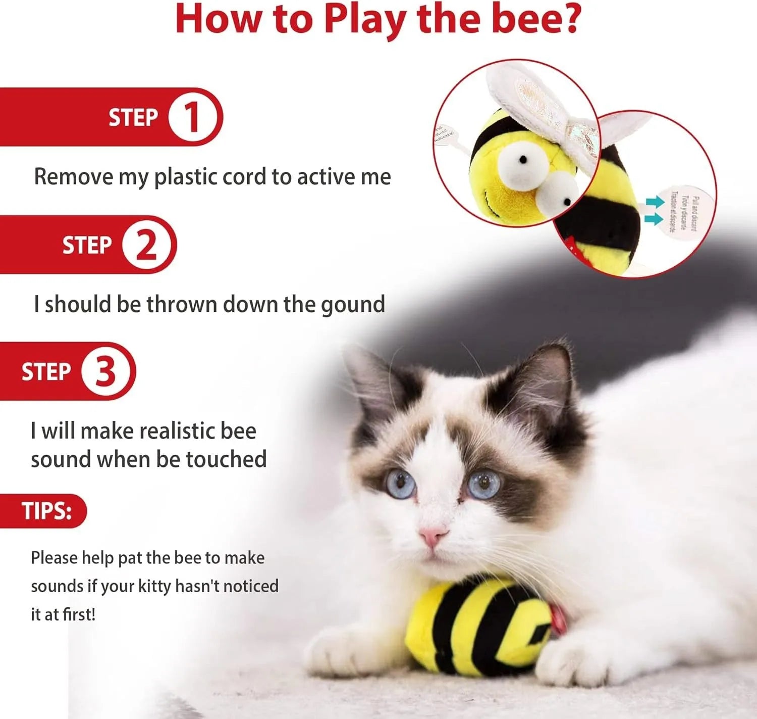 Yellow bee-shaped electronic cat toy with flannelette fabric on wooden surface