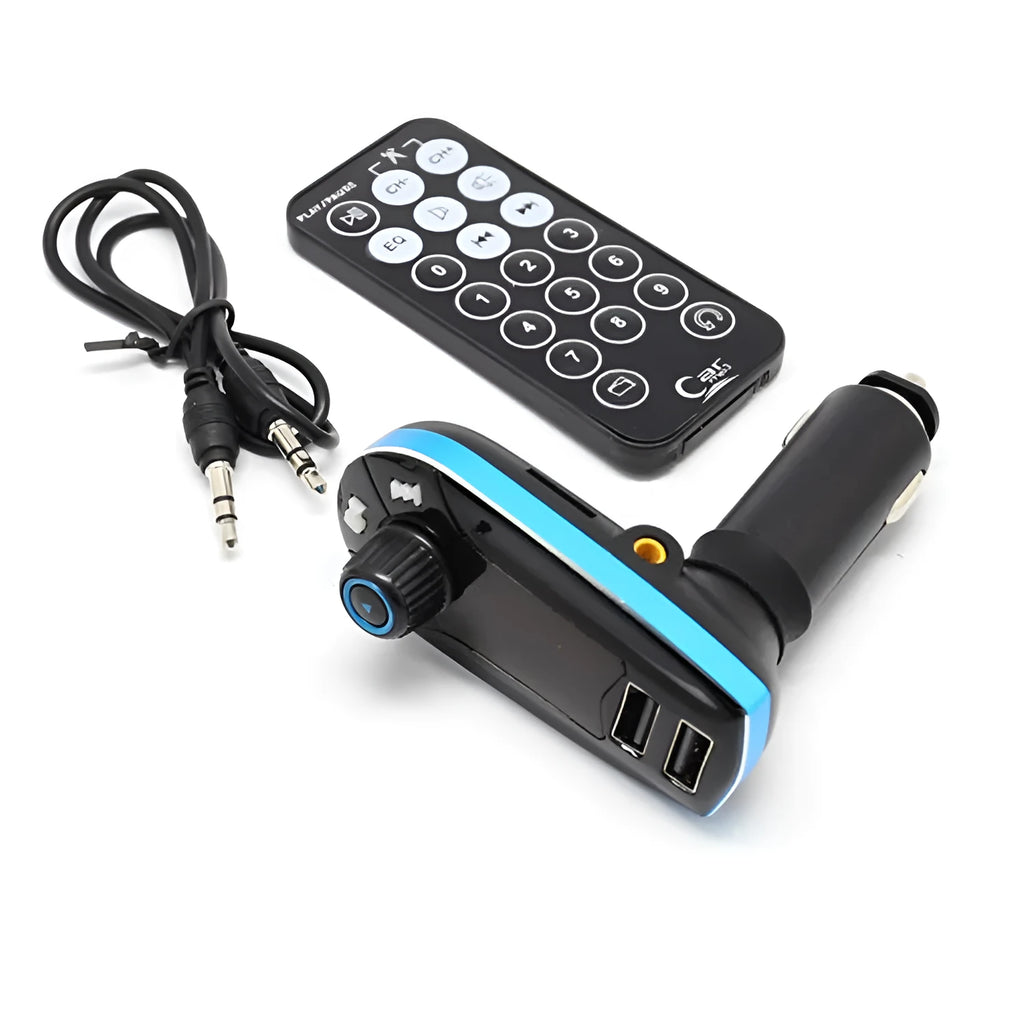 BT618C compact black car Bluetooth FM transmitter and MP3 player with LCD screen and USB port.
