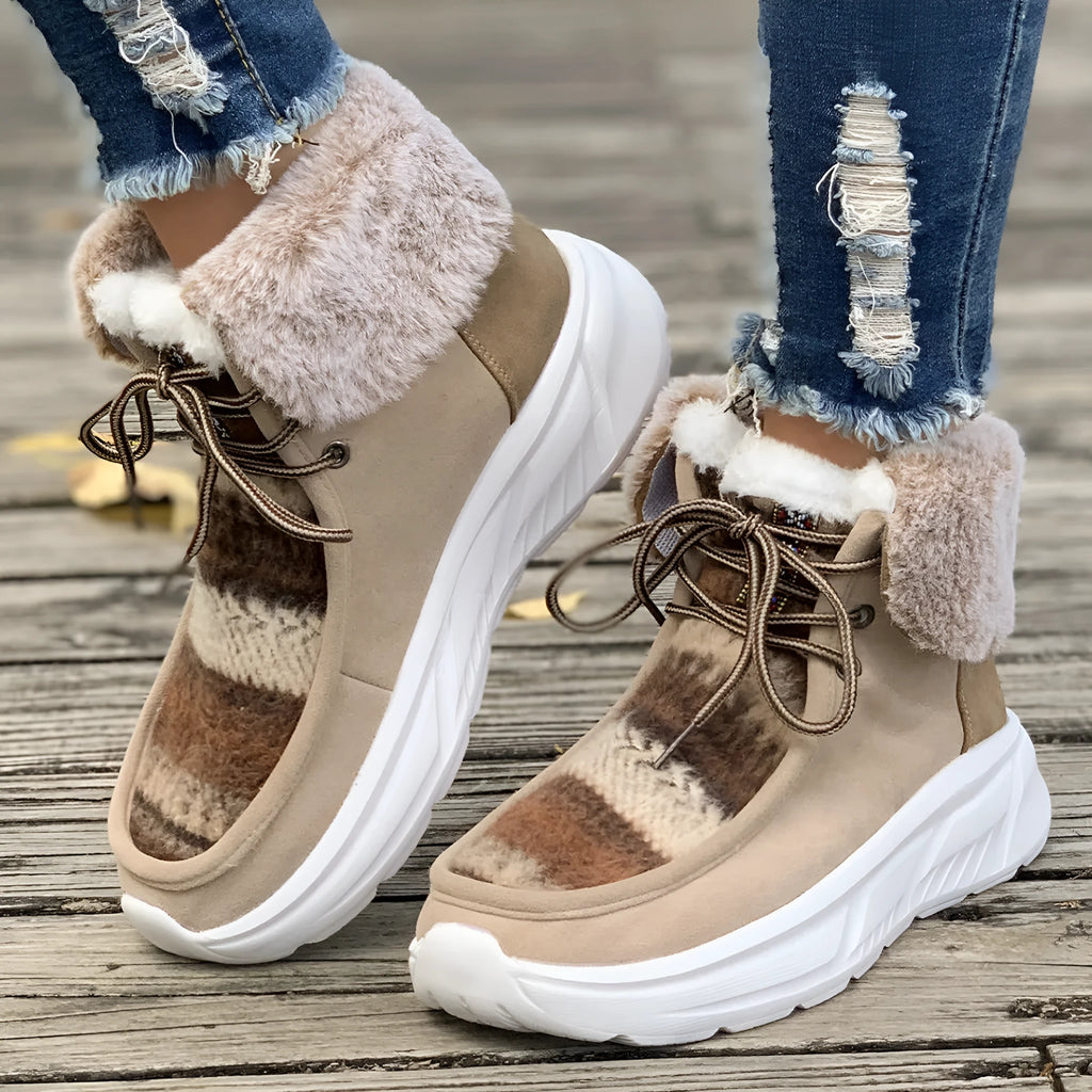 Beige women's lace-up suede snow boots with plush lining and thick rubber sole