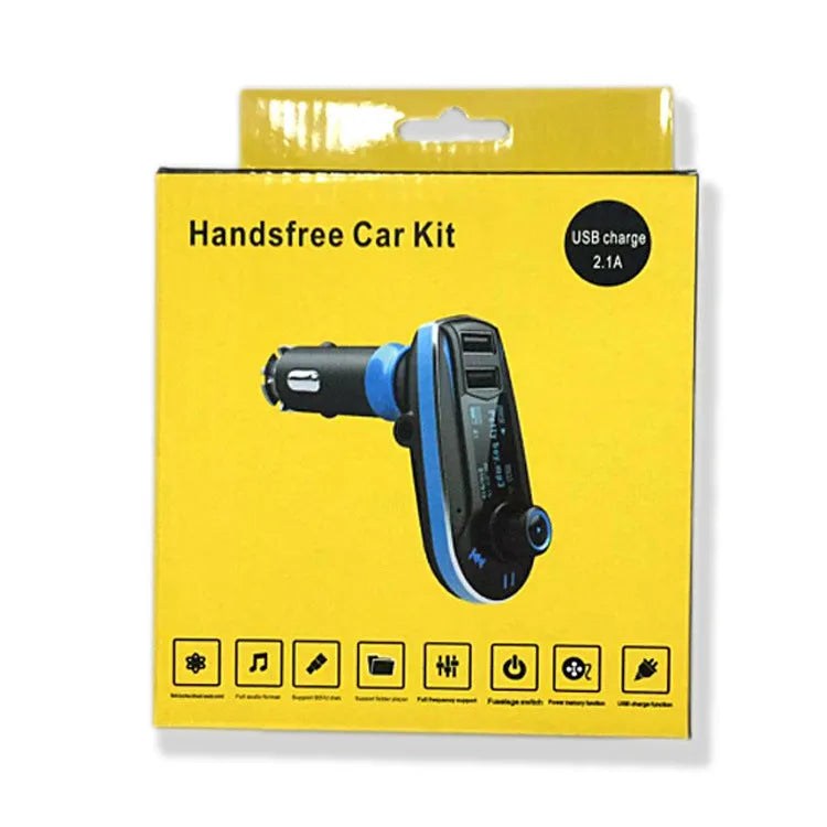 BT618C compact black car Bluetooth FM transmitter and MP3 player with LCD screen and USB port.