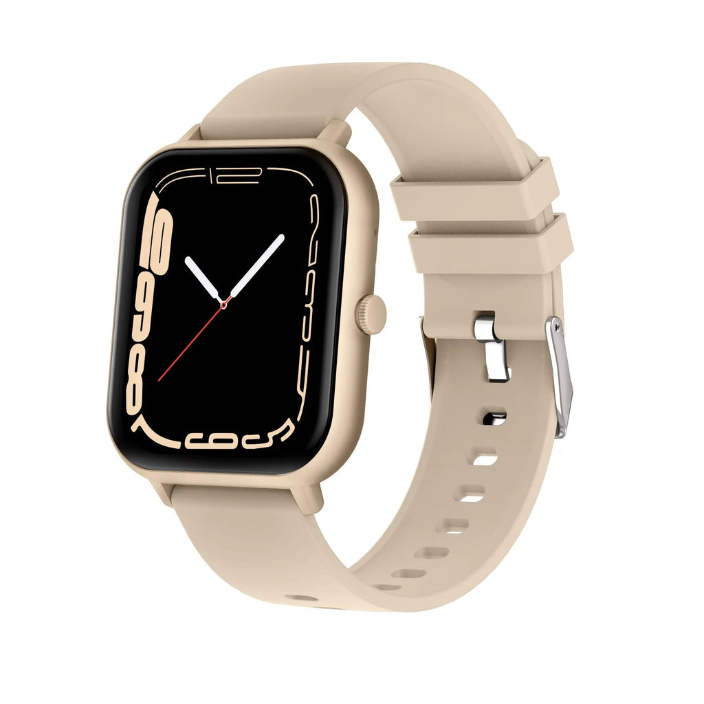 Bluetooth smart watch with AI voice control and heart rate monitor in black, silver grey, pink, or khaki colour.