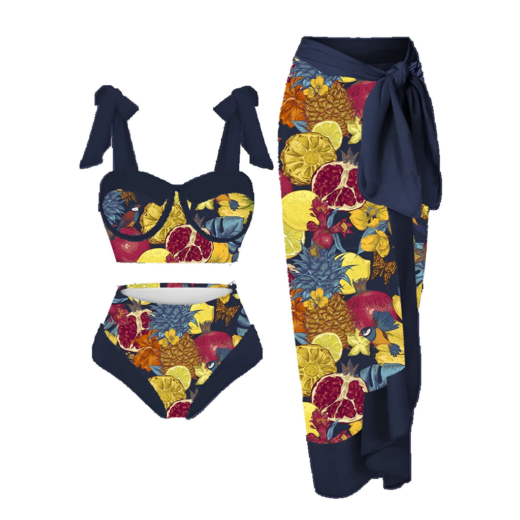 Women's three-piece swimsuit set with printing pattern showing skirt, bra and panties components