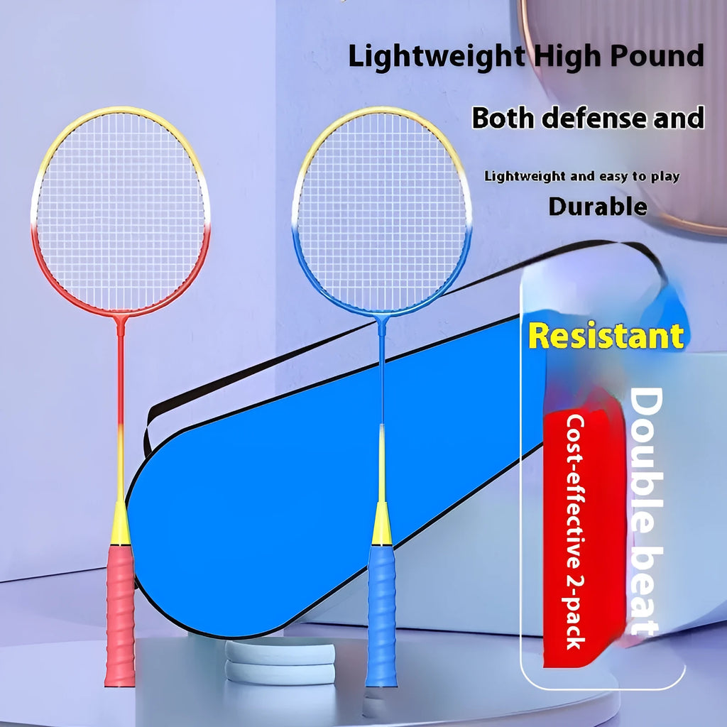 A pair of blue and red ultra-light alloy split badminton rackets laid out side by side.