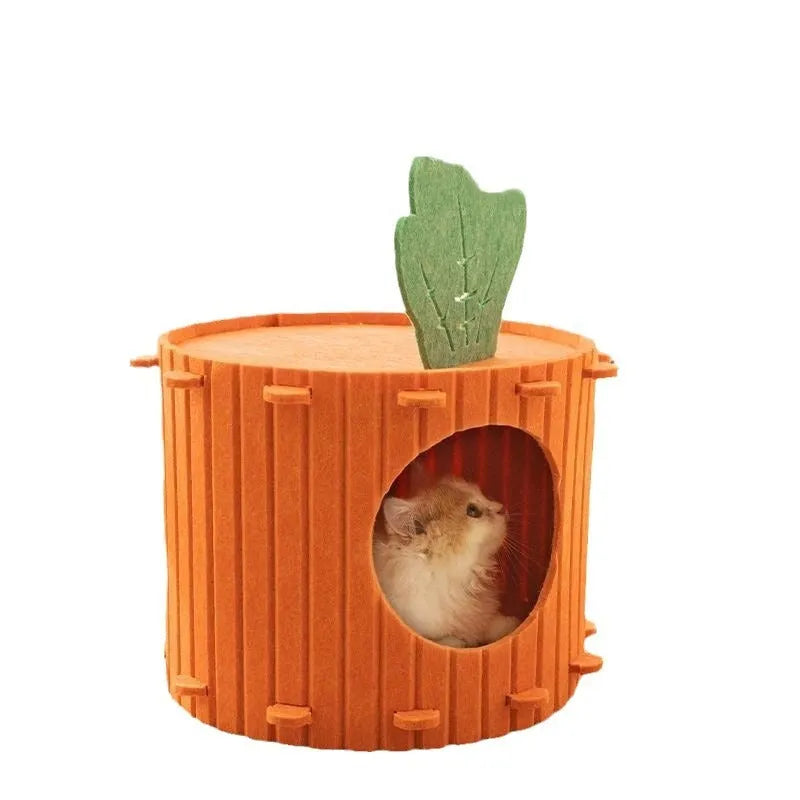 Carrot-shaped felt cat nest with tunnel entry in medium and large sizes