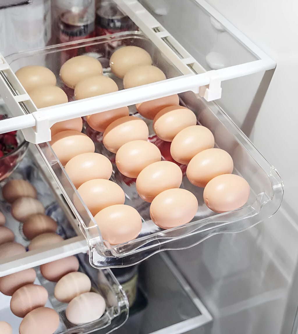 transparent plastic adjustable refrigerator storage rack with pull-out egg drawer and vegetable compartments
