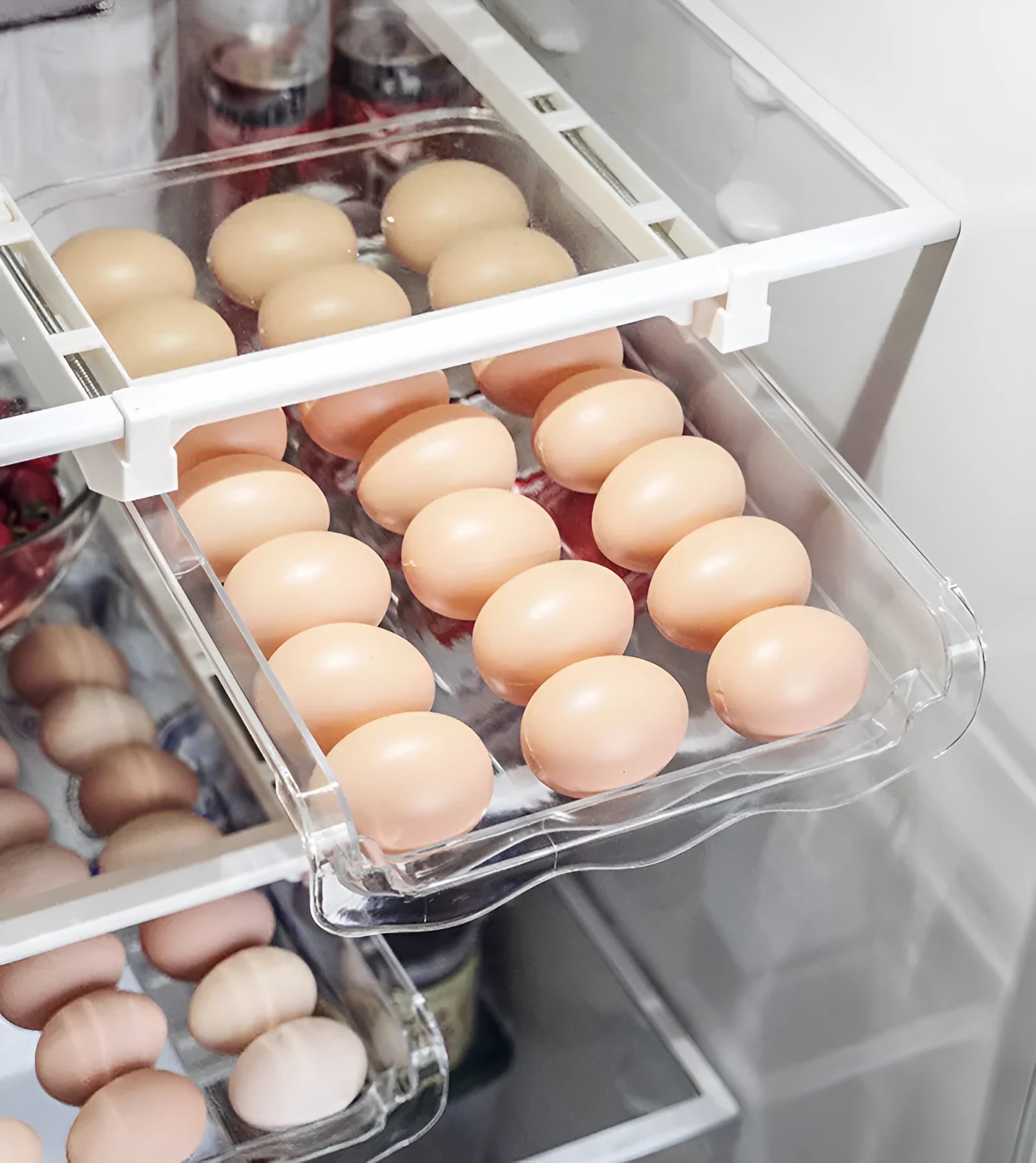 transparent plastic adjustable refrigerator storage rack with pull-out egg drawer and vegetable compartments