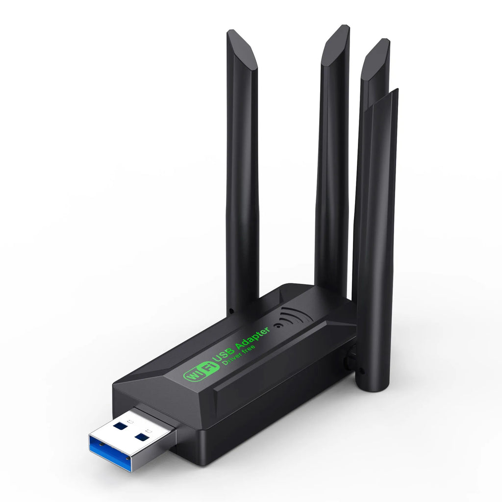 Black USB network transmitter with four antennas for computer signal coverage