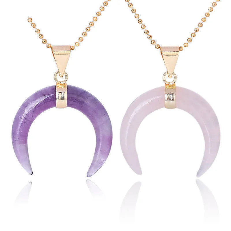 Natural stone moon pendant necklace with electroplated copper fittings and adjustable chain