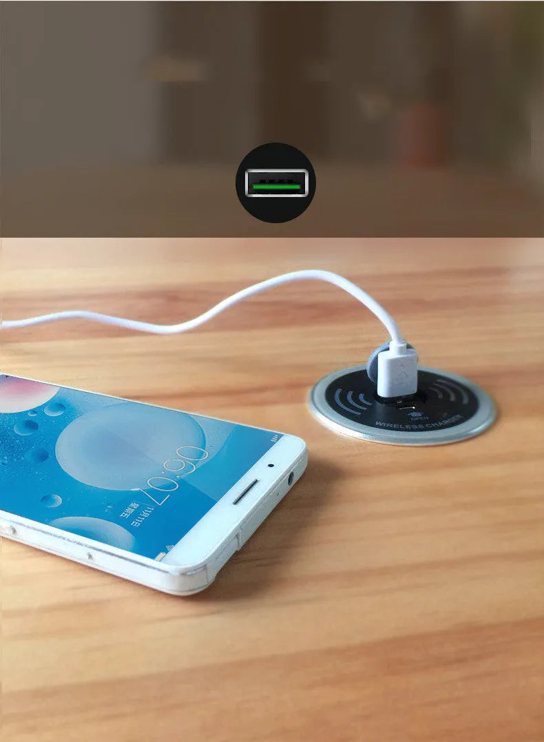 Black desktop embedded Qi wireless charger showing flush installation on a desk surface requiring 60mm hole