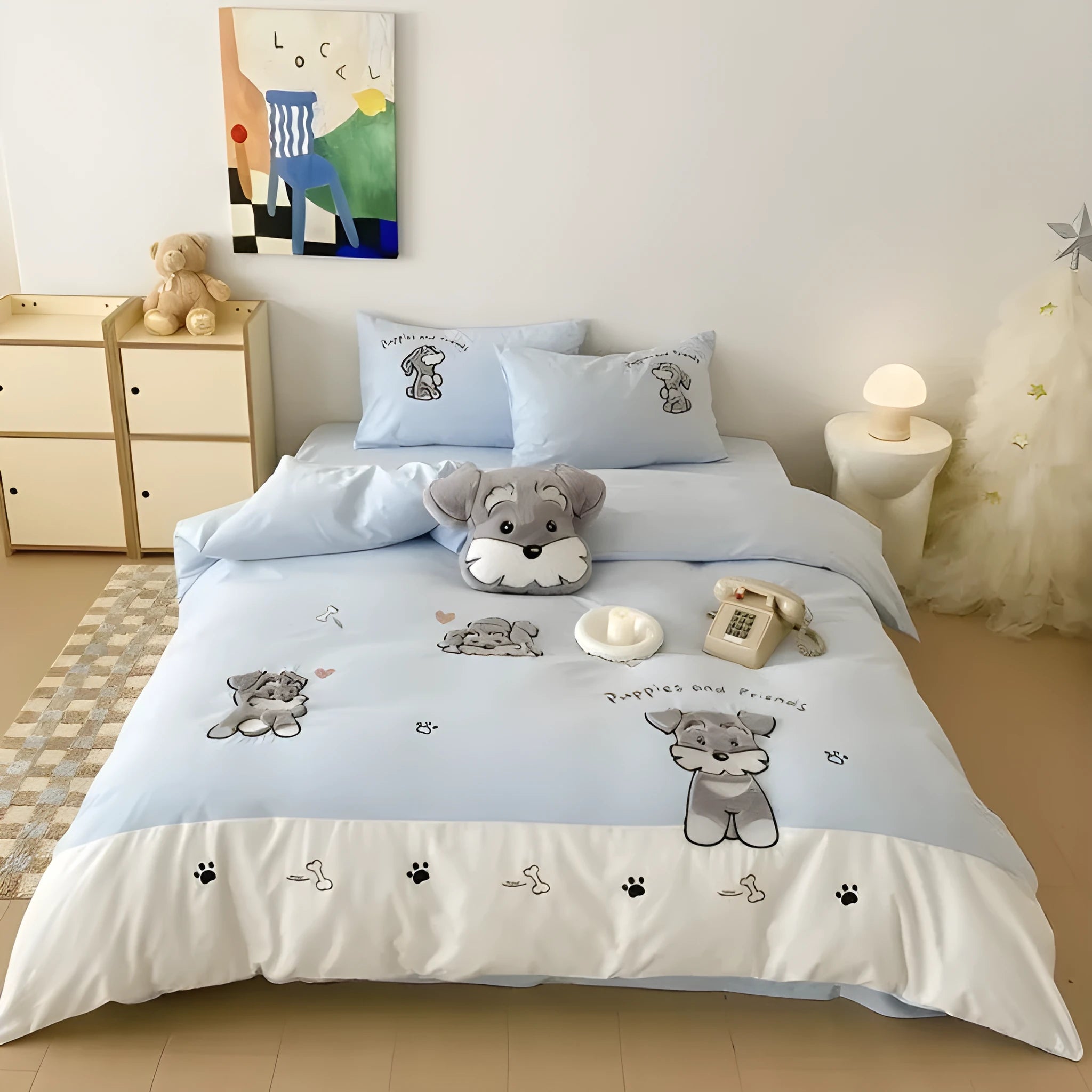Cartoon Schnauzer embroidered cotton bedding set showing quilt cover, sheet and pillowcases