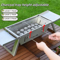 Small portable charcoal grill shown in folded and unfolded positions for outdoor cooking