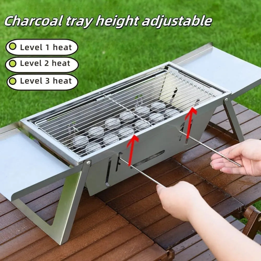 Small portable charcoal grill shown in folded and unfolded positions for outdoor cooking