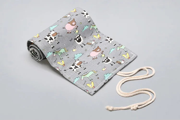 Canvas pencil wrap roll up case with elastic bands for 12-72 slots, shown in natural colour
