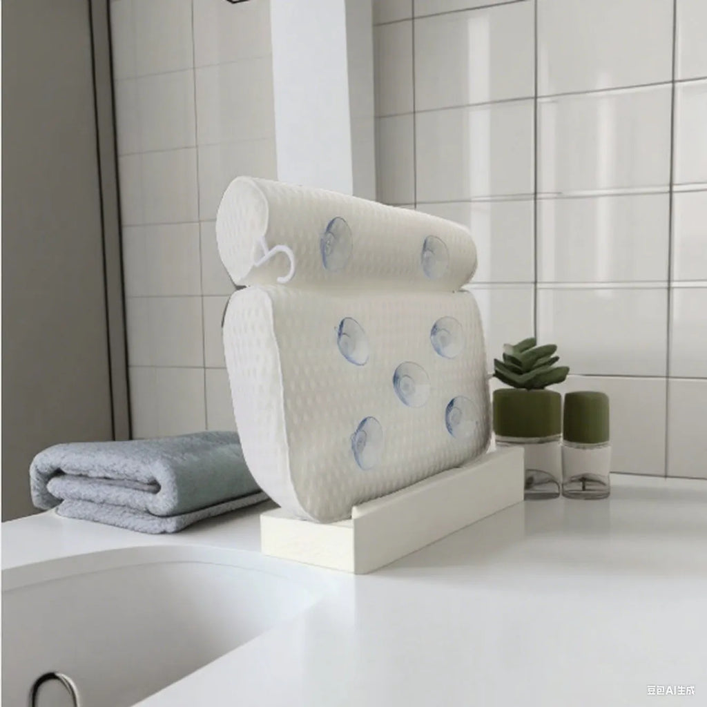 White 4D mesh bathtub pillow with suction cups on a clean bathtub surface.