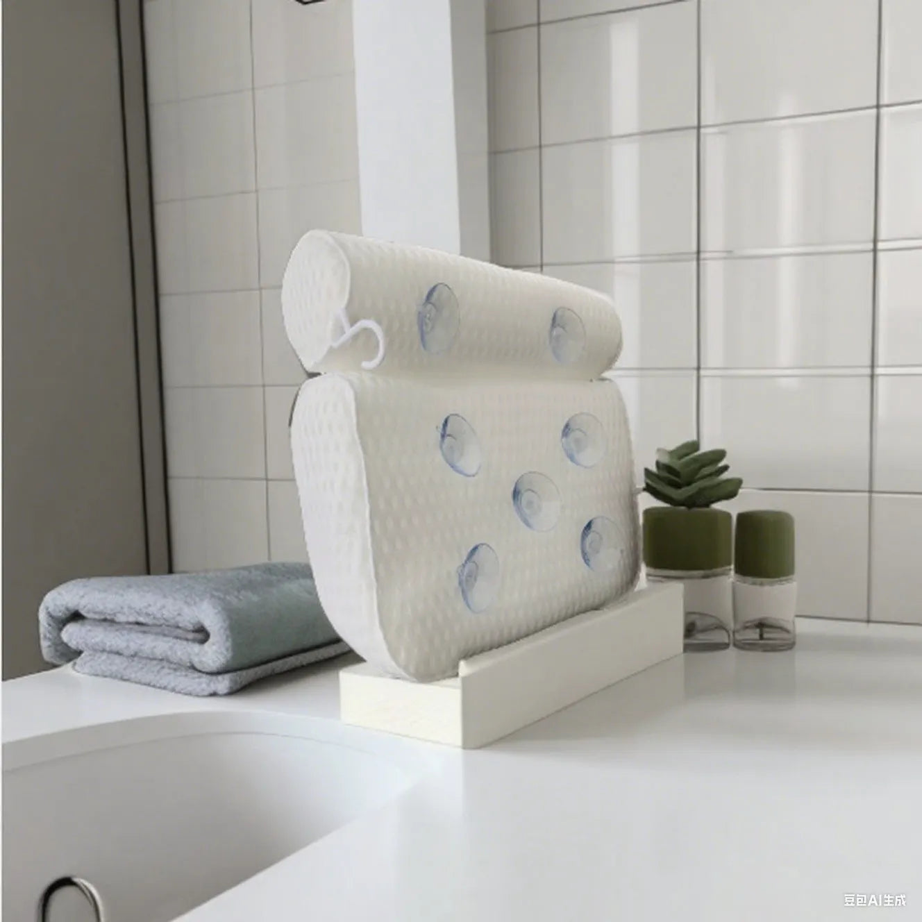 White 4D mesh bathtub pillow with suction cups on a clean bathtub surface.