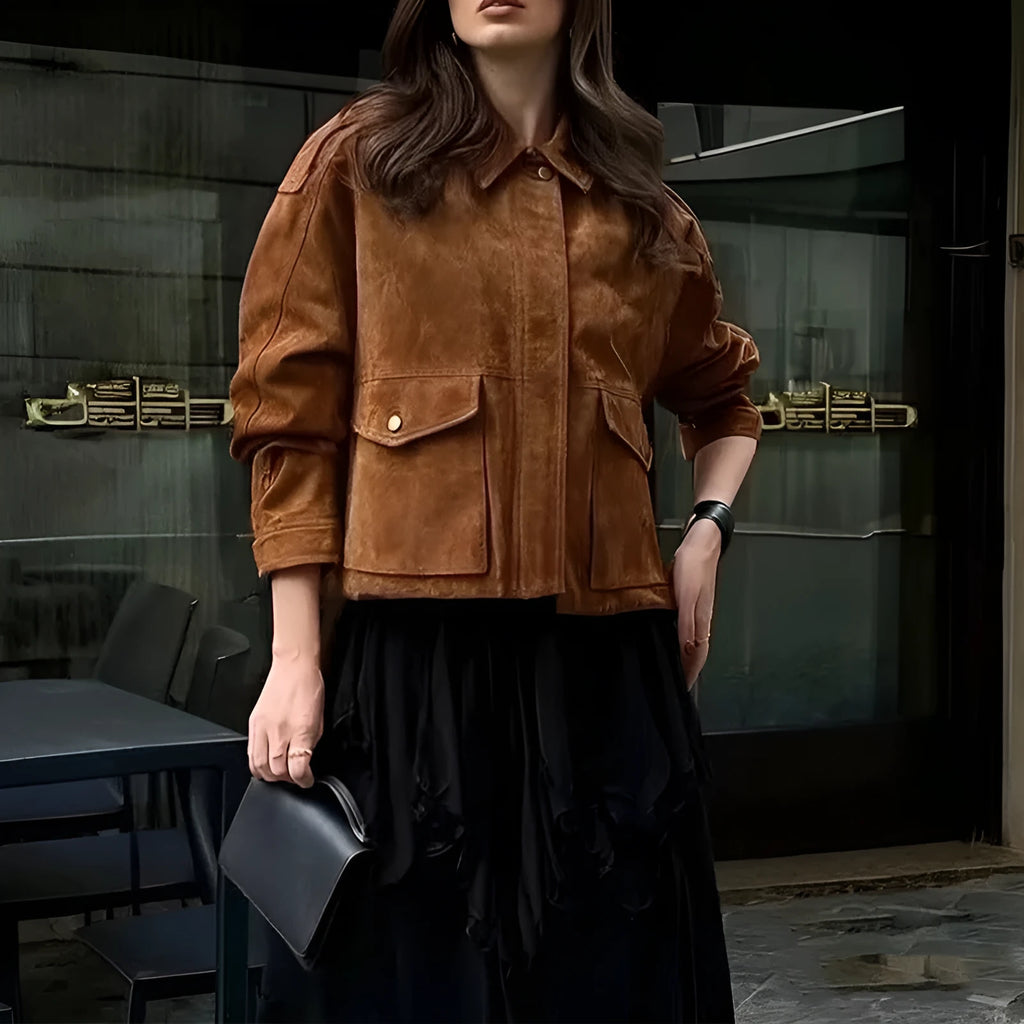 Women's brown polyester suede coat with regular sleeves and street chic styling