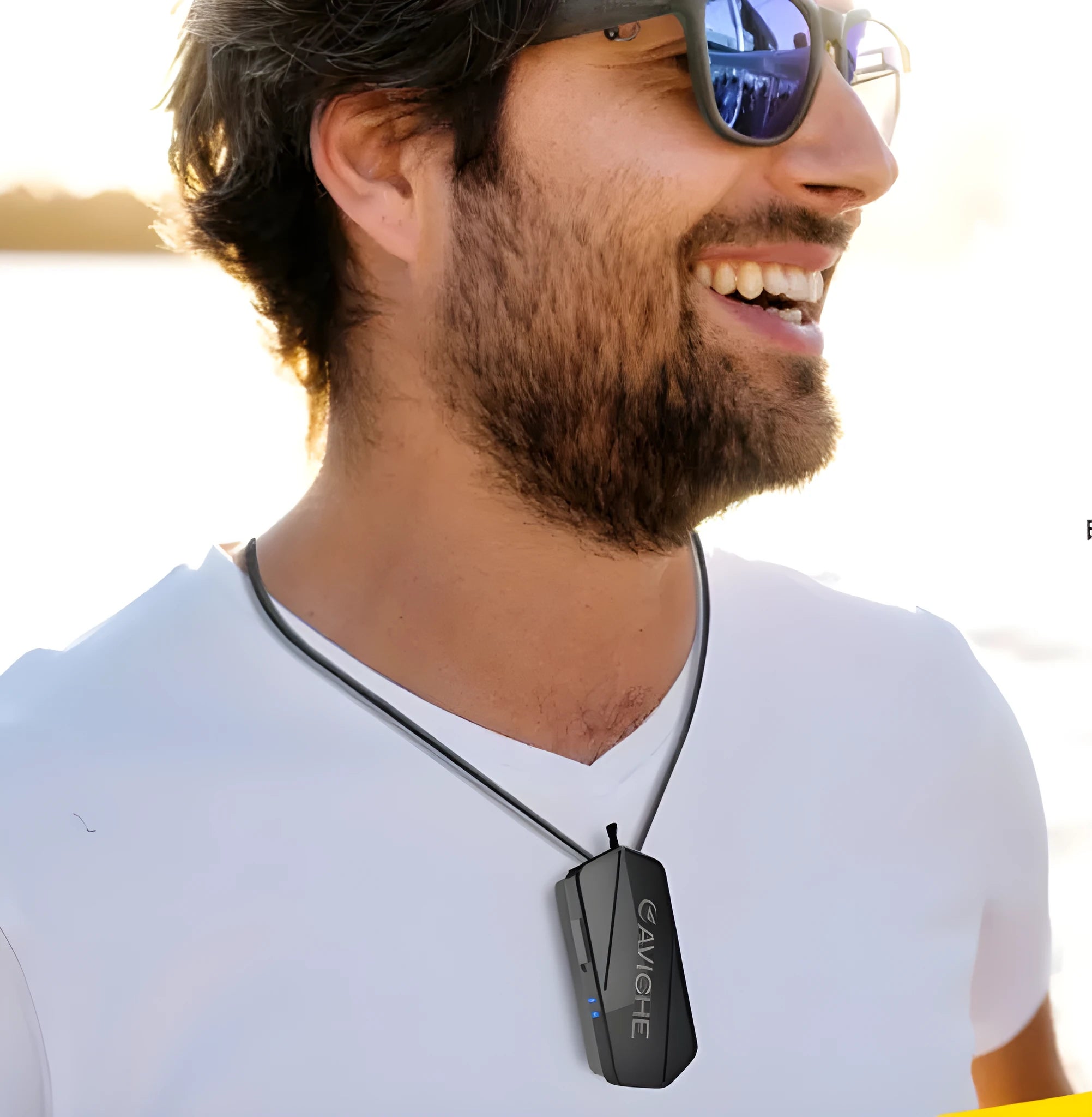 Black portable air purifier necklace showing compact 80mm design with plastic construction
