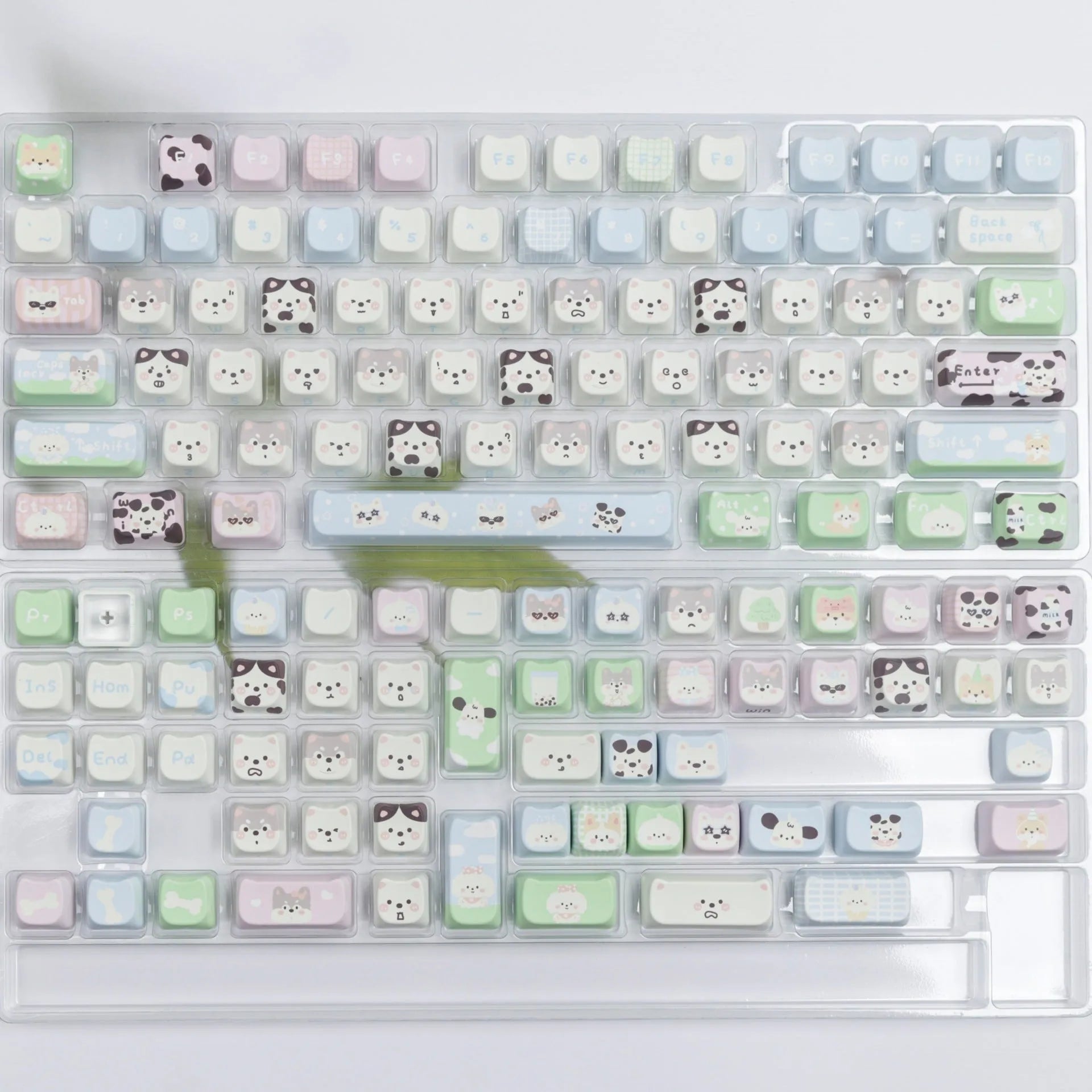 Complete set of 127 PBT key caps with sublimated cat and puppy designs for mechanical keyboard customisation