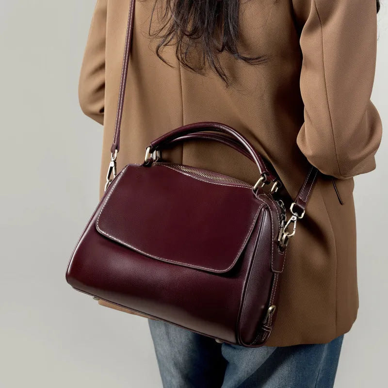Women's genuine leather crossbody tote bag in cross-square shape with double straps and internal compartments