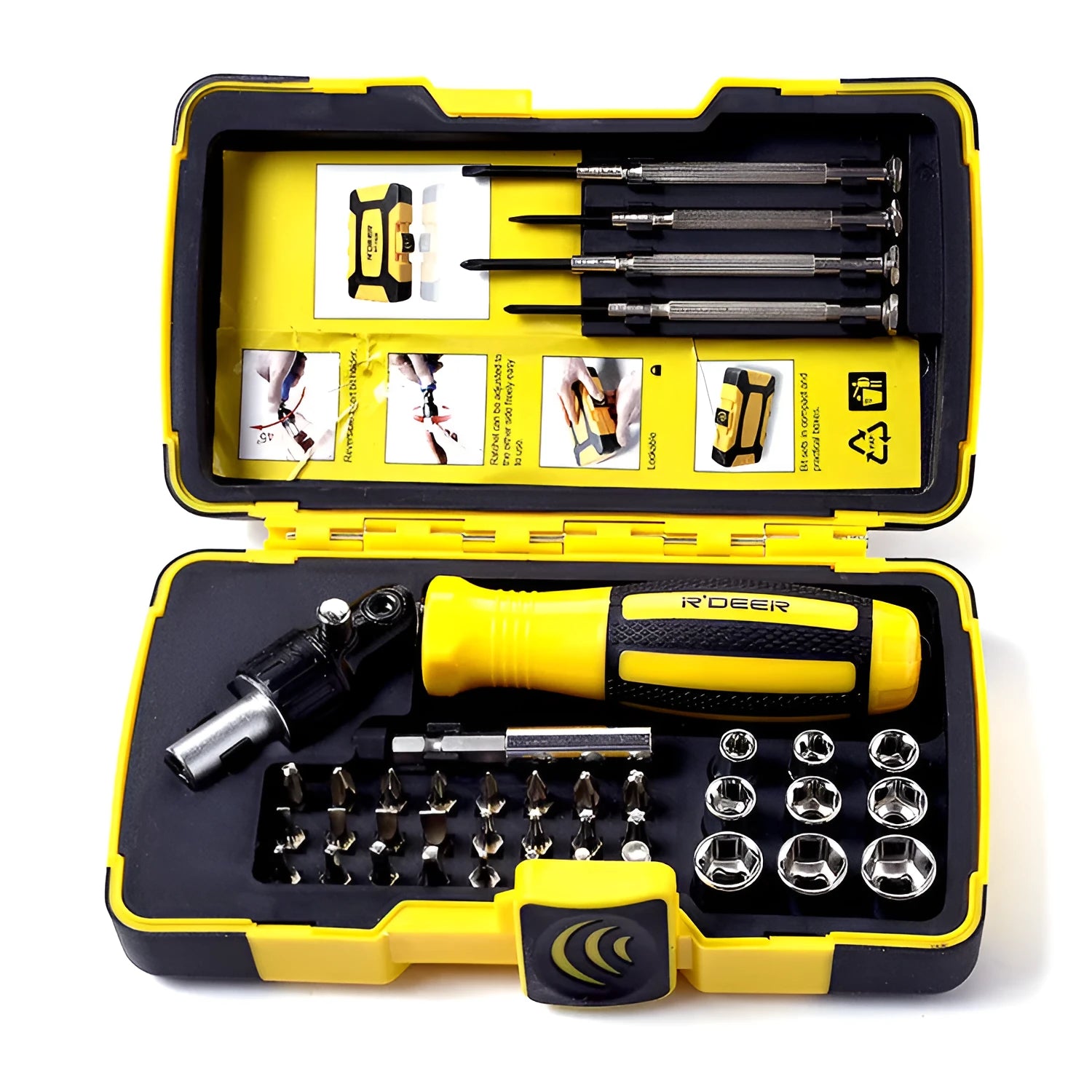 39 in 1 combination ratchet screwdriver set in yellow case with chrome-vanadium steel bits, sockets, and extension rod