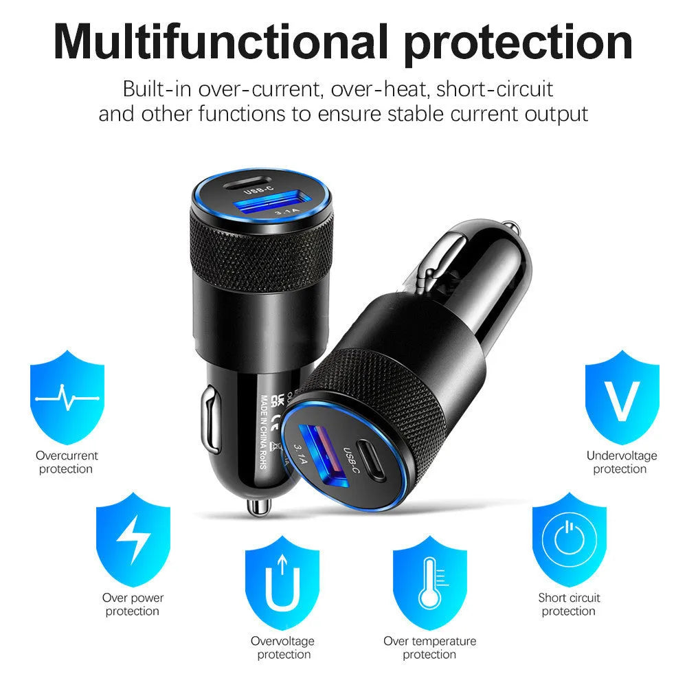 Aluminium alloy mobile phone car charger in black or black silver finish showing 2.5cm x 6cm dimensions