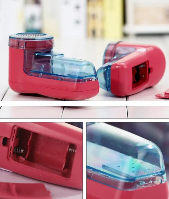 Portable electric clothing lint remover with compact rectangular design showing dimensions