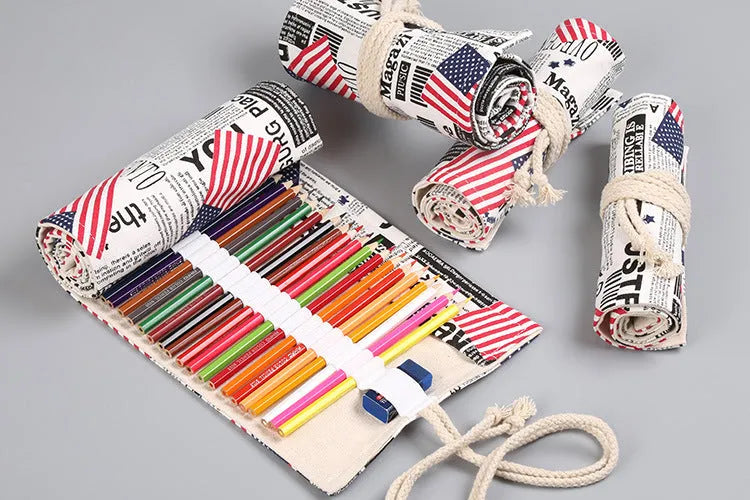 Canvas pencil wrap roll up case with elastic bands for 12-72 slots, shown in natural colour
