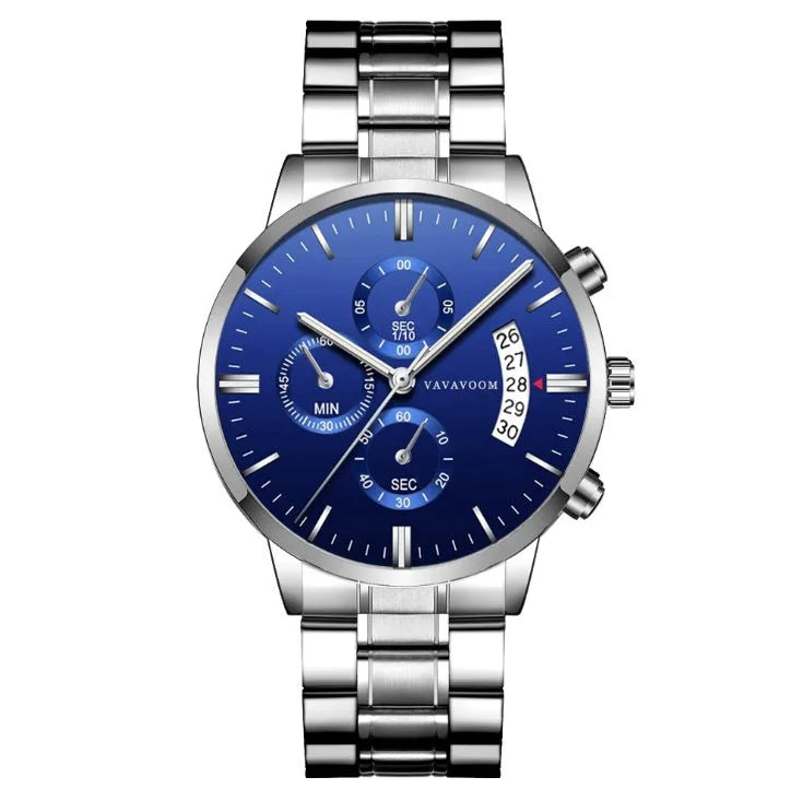 VA VA VOOM men's stainless steel quartz watch with black dial and calendar display
