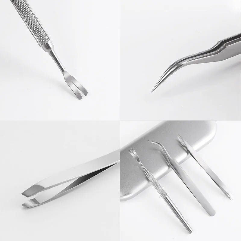 Three silver stainless steel tick clips with grate-style heads for pet parasite removal