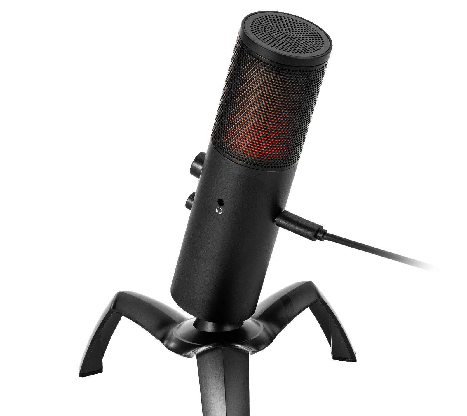 Black Q18 USB condenser microphone with RGB lights on adjustable metal tripod stand