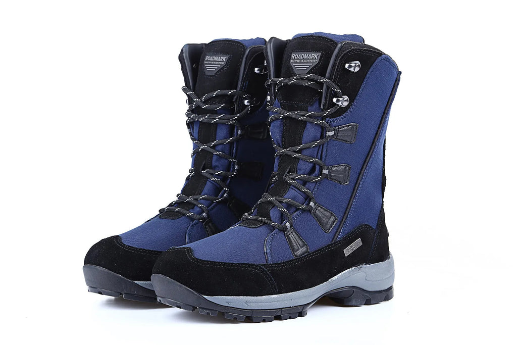 Women's black thermal snow boots with mid-calf height and round toe design