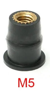 Black rubber and brass expansion well nut fasteners for motorcycle windshield mounting in M4, M5, M6 sizes.