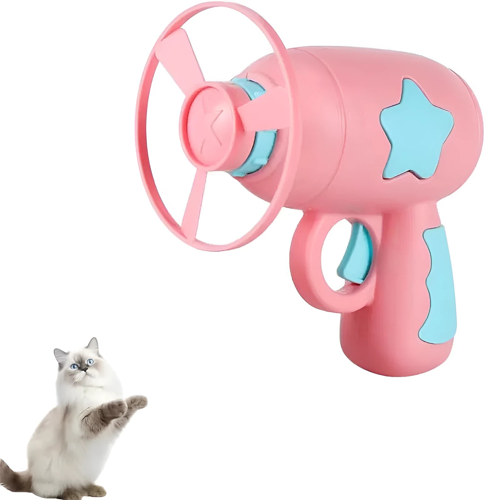 Blue or pink plastic cat toy gun with frisbee for indoor cat play
