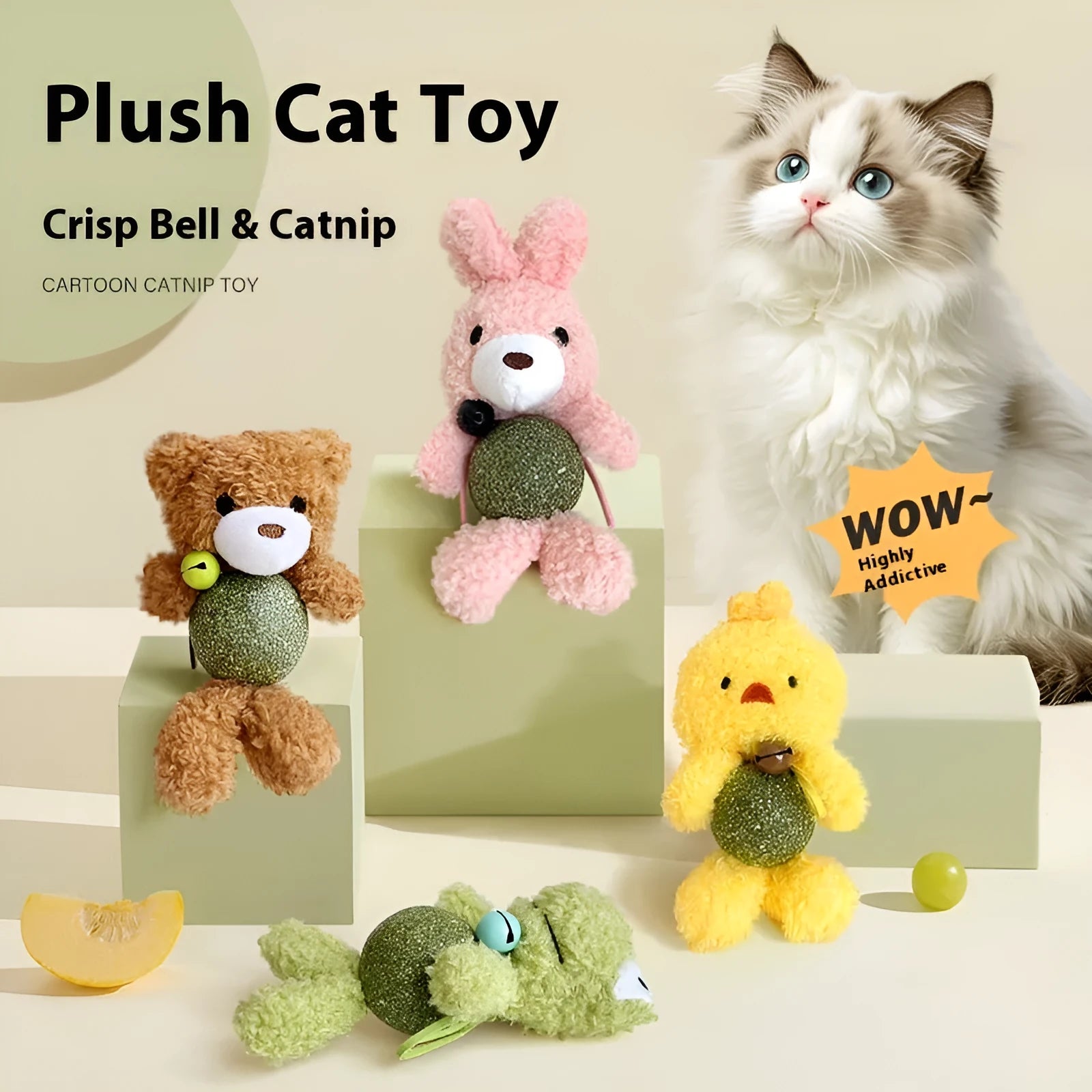 Plush catnip ball toy with bell in brown bear design showing 15cm height