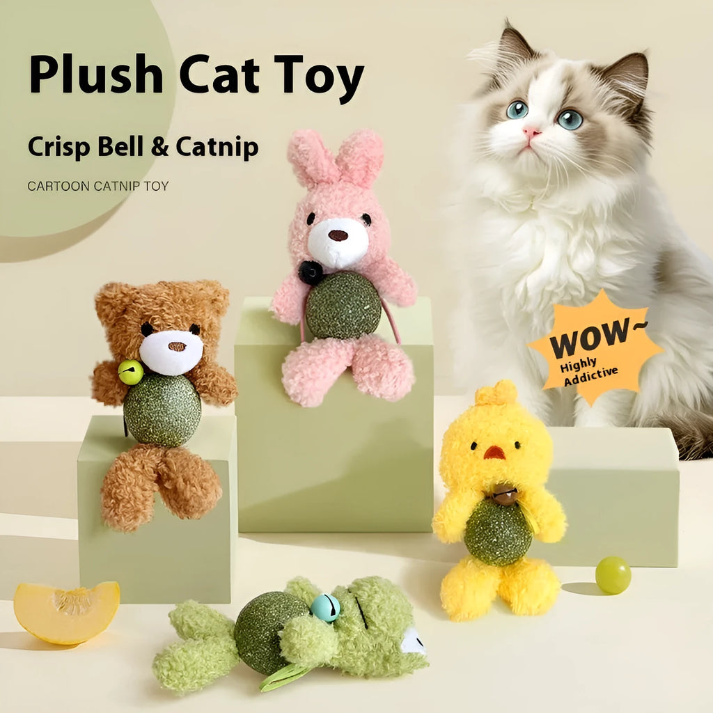 Plush cat toy with mint-scented ball and jingle bell in animal character design