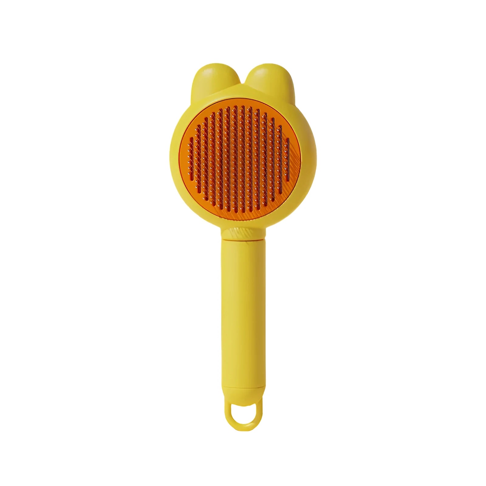 Self-cleaning pet grooming brush with coloured handle and stainless steel comb teeth