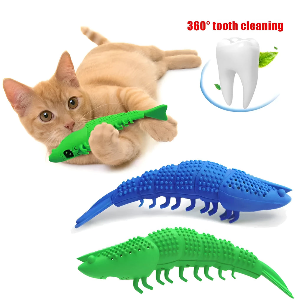 Blue hard rubber cat toy with 360-degree textured surface for teeth cleaning