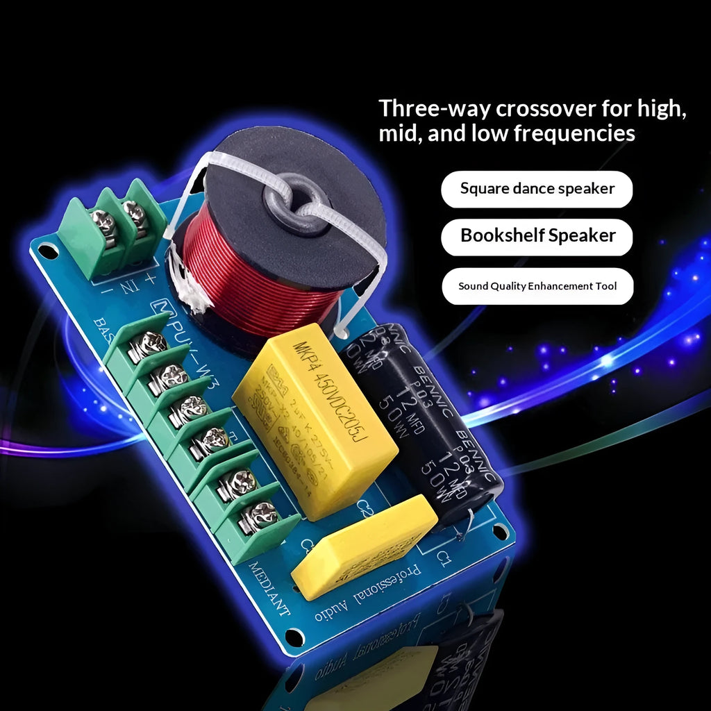 PUV-W3 three-way bookshelf speaker crossover circuit board measuring 100mm by 65mm