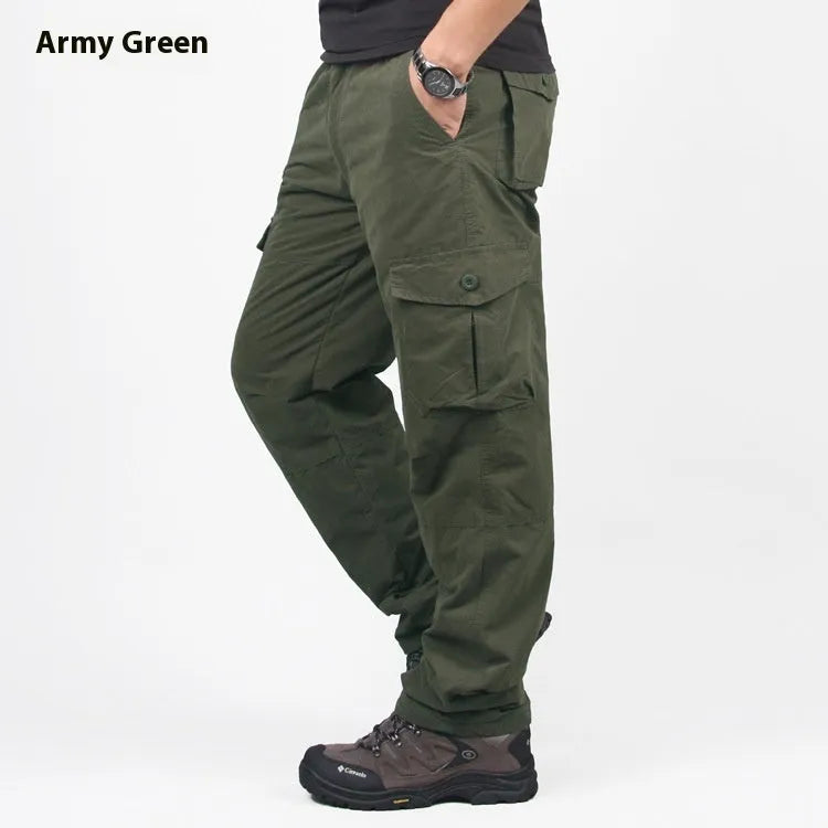 Men's thickened cotton overalls with wool lining in khaki black and army green loose straight leg winter trousers