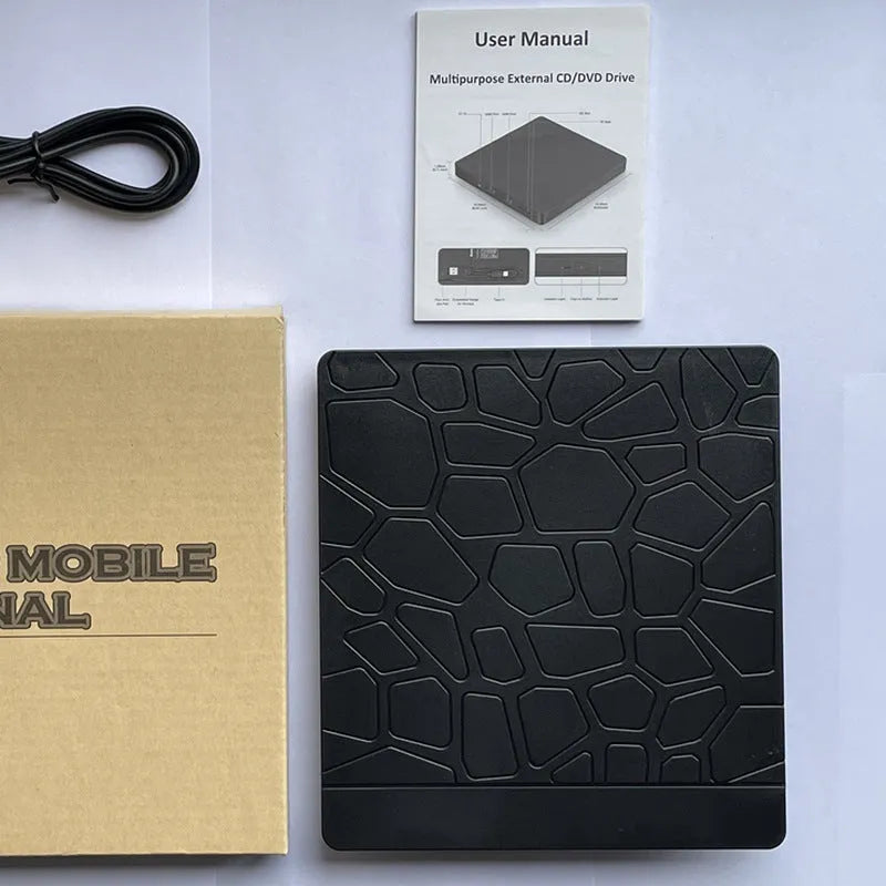 Black external optical drive for notebook computers with dual USB connectors