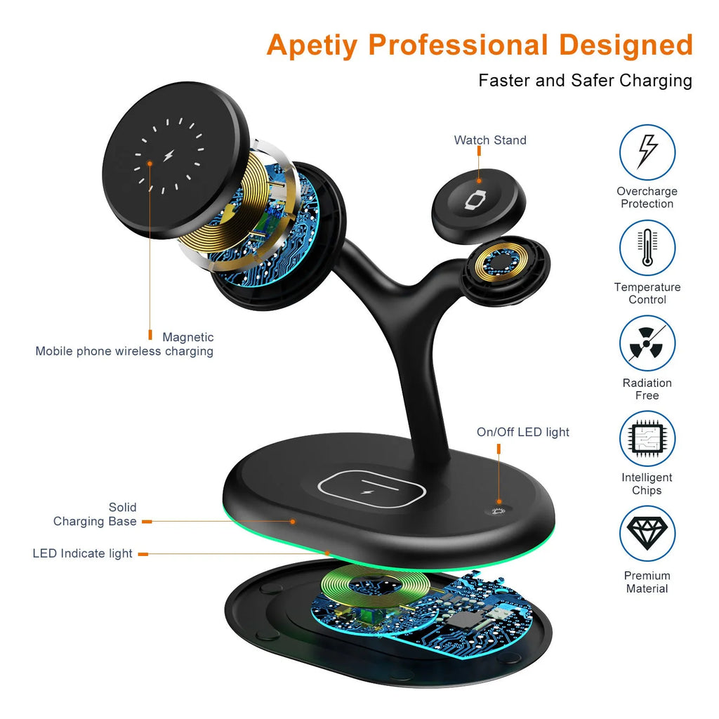 Black magnetic wireless charger with minimalist design on flat surface