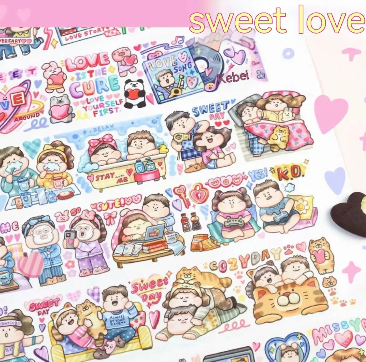 Sheet of cute cartoon character stickers on Japanese paper for haemorrhoid tape packaging.